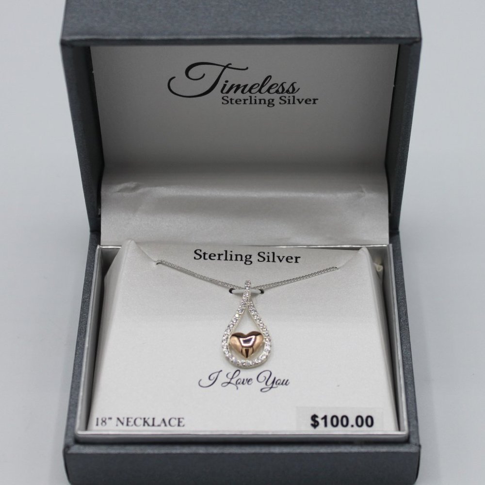 Timeless Sterling Silver 18" Necklace, Brown Gem Heart Drop Design 'I Love You'